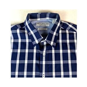 Nick Graham Shirt Men's Everywhere Modern Fit Button Down Blue White Plaid Large